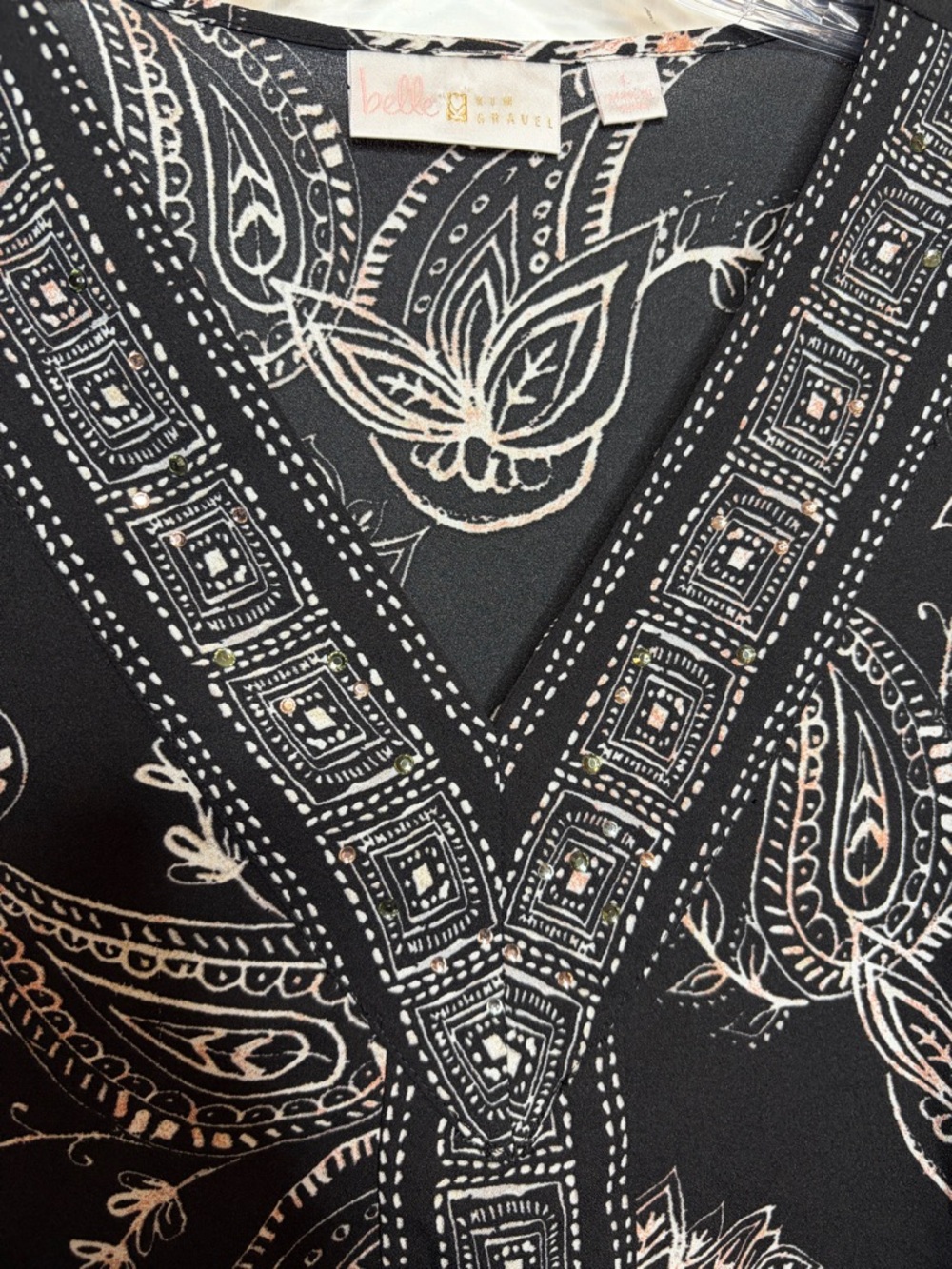 Belle Kim Gravel Bandana Print Top Black White Pink Bling Boho Chic Sz L - Picture 4 of 8